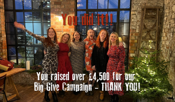 The Paper Birds stand together - all 6 ladies of the core team beside a Christmas tree to thank those that gave to The Big Give Campaign for helping them surpass their £4k target